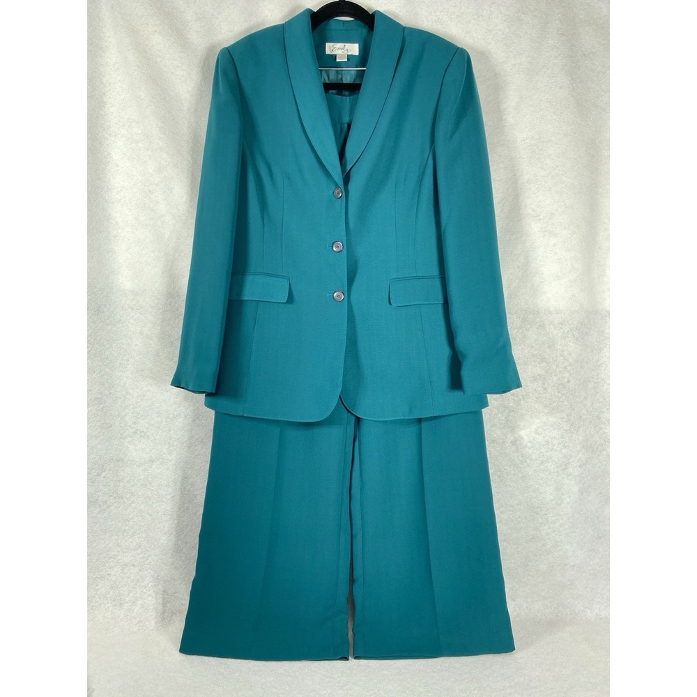 Emily 3PC Suit Women's 16 Teal Blazer Pants & Skirt‎ Textured Church Career New